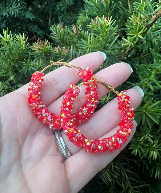 Red Gold Glitter Sequin Hoop Earrings KC Game Day - The Graphic Tee
