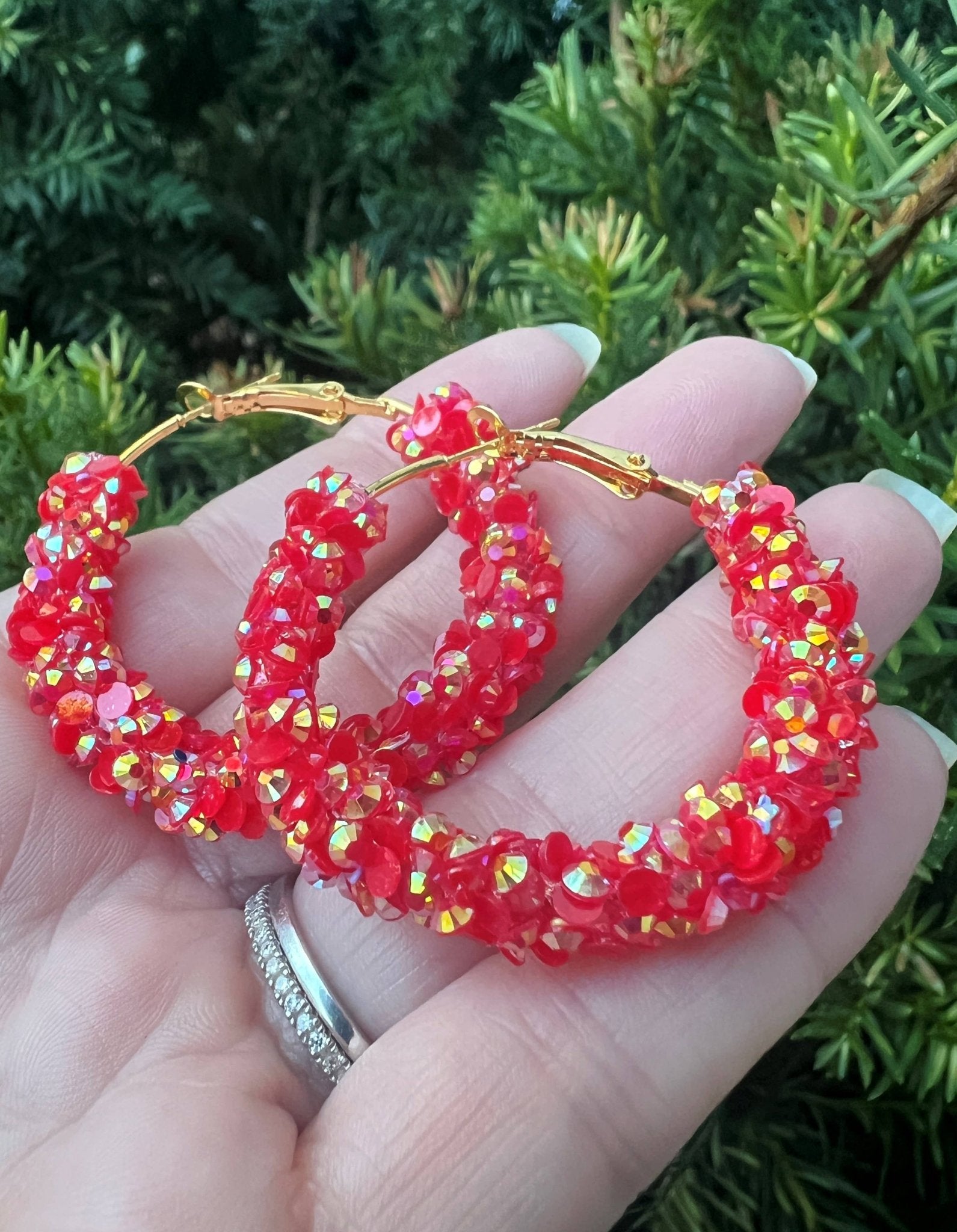 Red Gold Glitter Sequin Hoop Earrings KC Game Day - The Graphic Tee