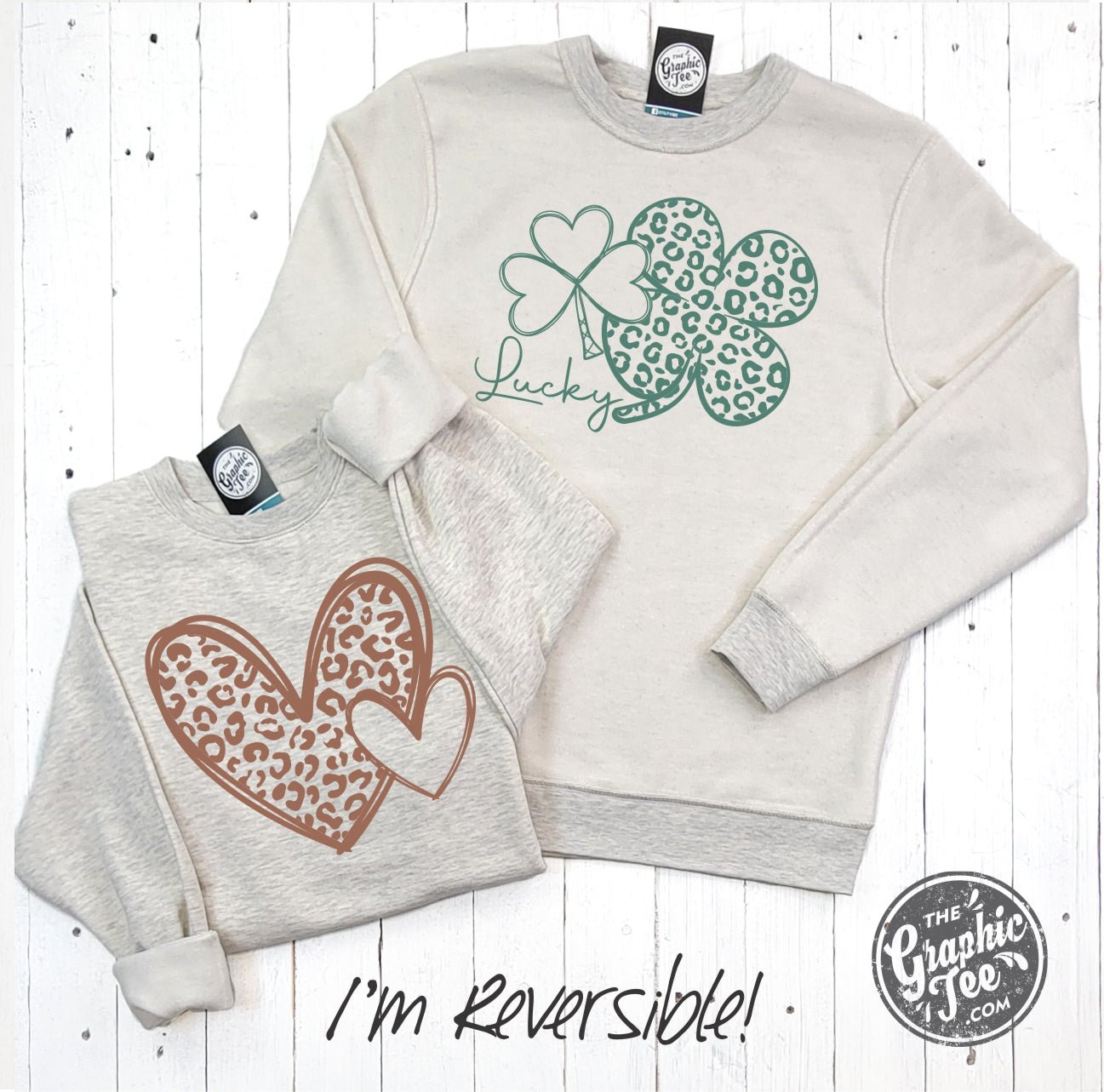 Reversible Hearts to Shamrocks Cheetah Print Crewneck Sweatshirt - The Graphic Tee