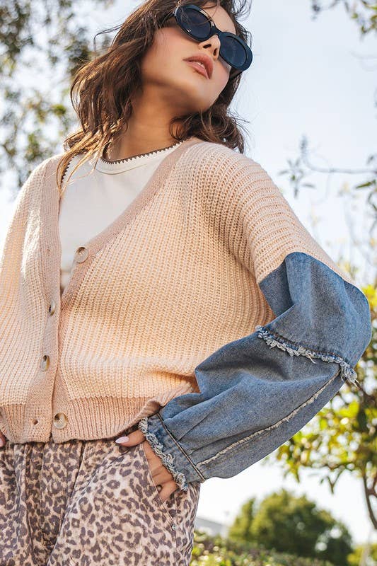 Ribbed Knit Contrast Denim Sleeve Western Statement Cardigan - The Graphic Tee