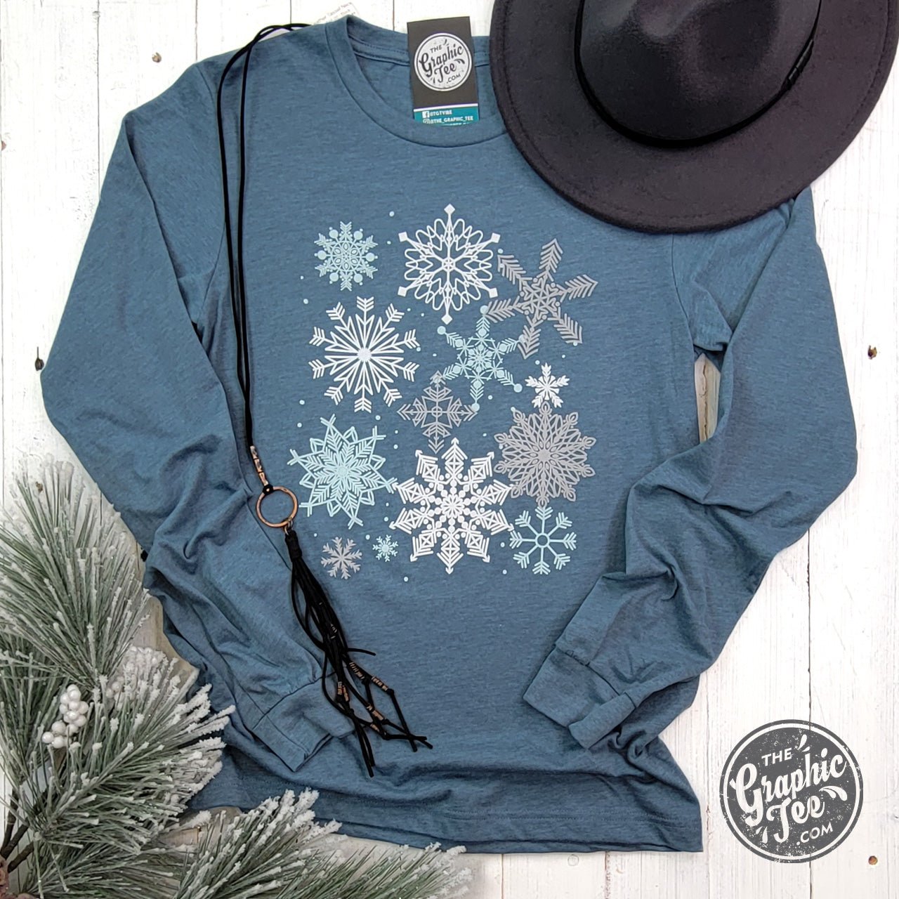 Snowflakes Heather Slate Long Sleeve Crew Neck Tee - The Graphic Tee