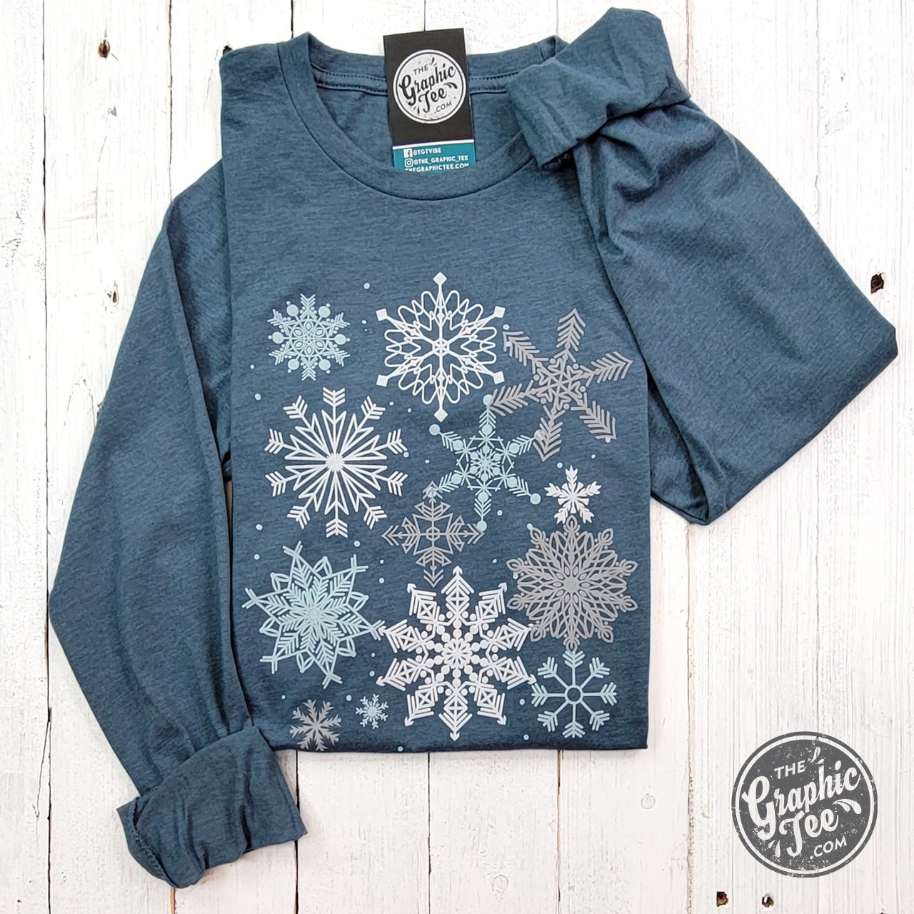 Snowflakes Heather Slate Long Sleeve Crew Neck Tee - The Graphic Tee