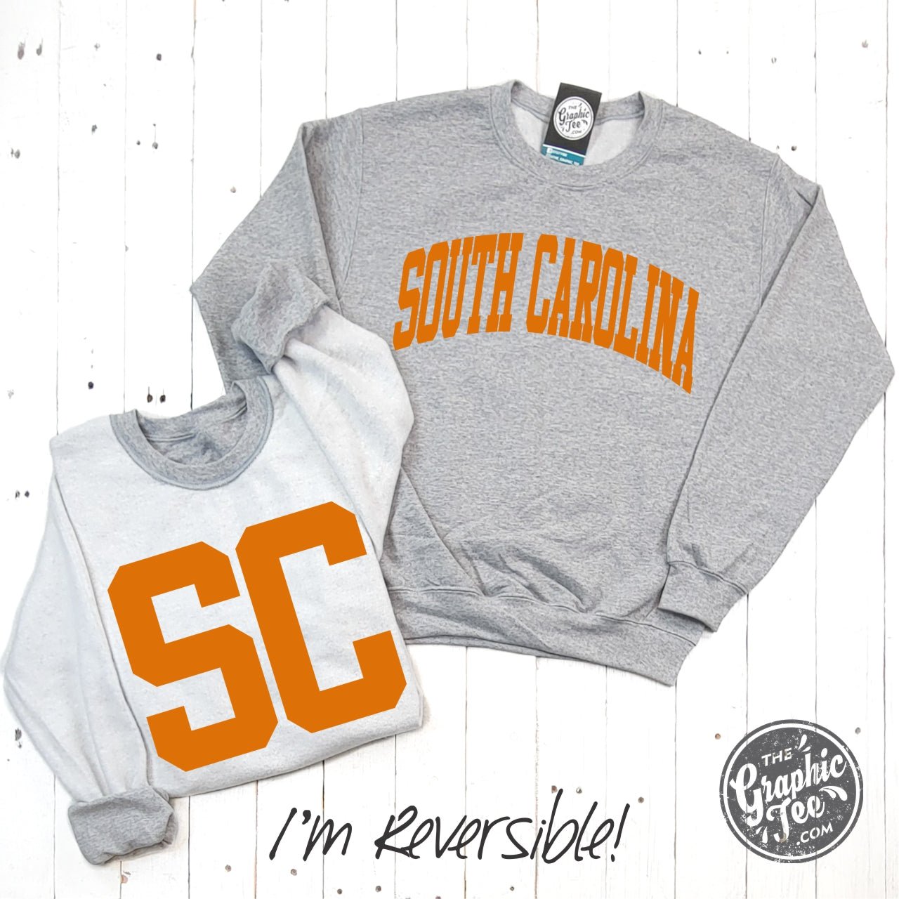 South Carolina Orange Print Reversible Sport Grey Crewneck Sweatshirt - The Graphic Tee