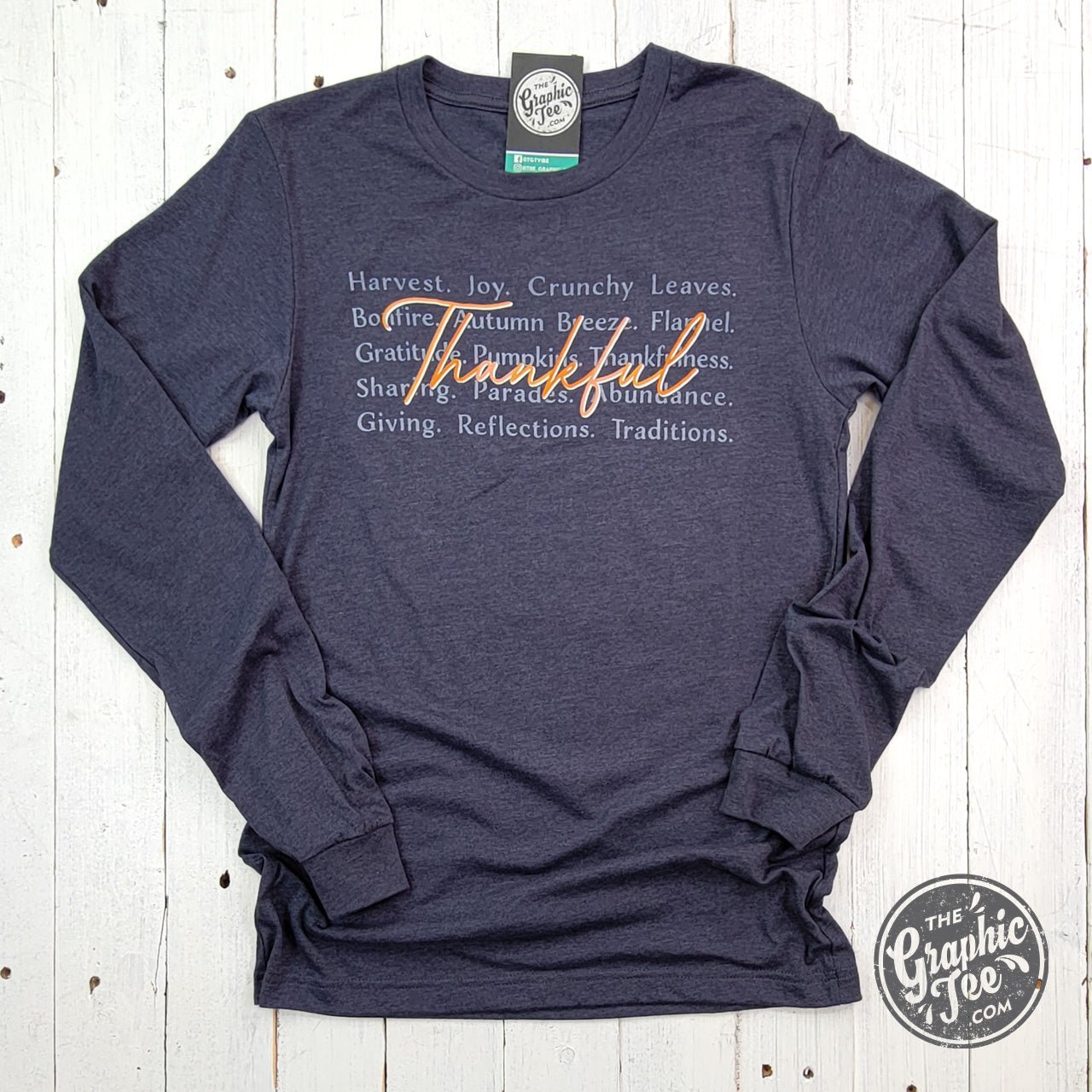 Thankful with Words Heather Navy Long Sleeve Tee - The Graphic Tee