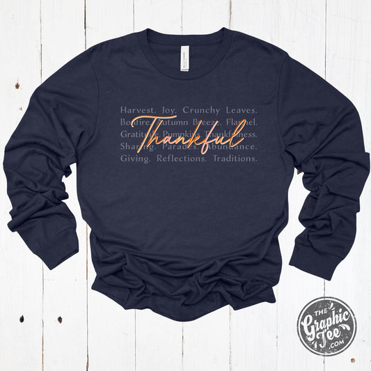 Thankful with Words Heather Navy Long Sleeve Tee - The Graphic Tee