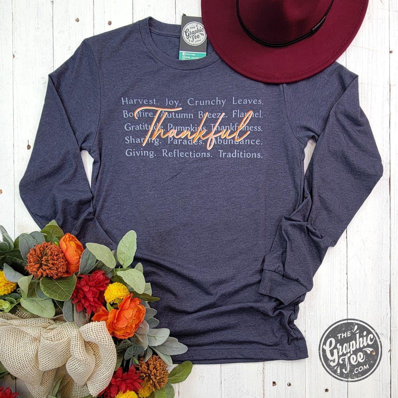 Thankful with Words Heather Navy Long Sleeve Tee - The Graphic Tee