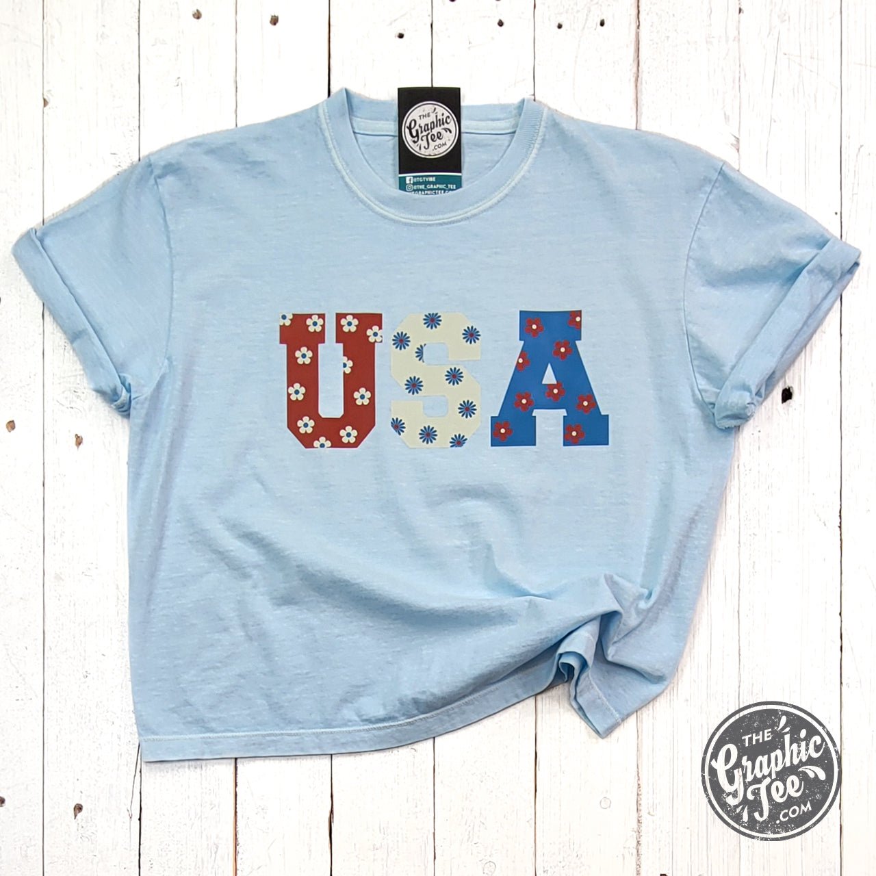 USA 90's Inspired Floral Mid - Length Pigment Dyed Tee - The Graphic Tee