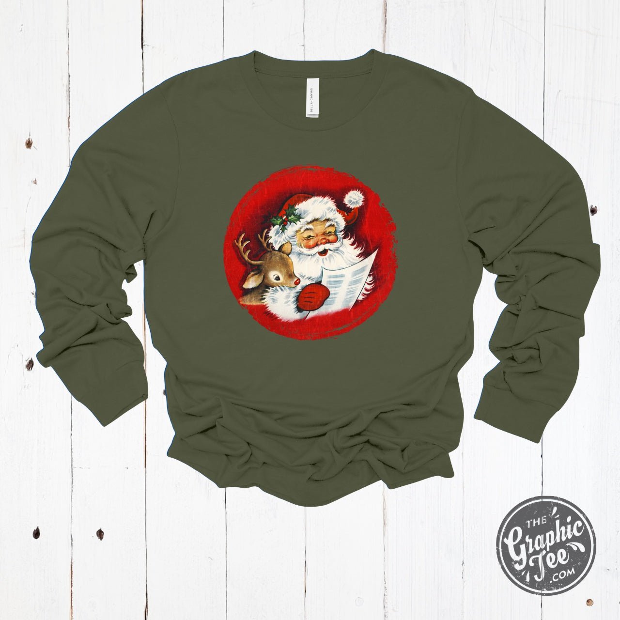 Vintage Santa and Reindeer Long Sleeve Crew Neck Tee - The Graphic Tee