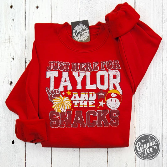 YOUTH Just here for Taylor and the Snacks Heather Sport Scarlet Crewneck Sweatshirt - The Graphic Tee