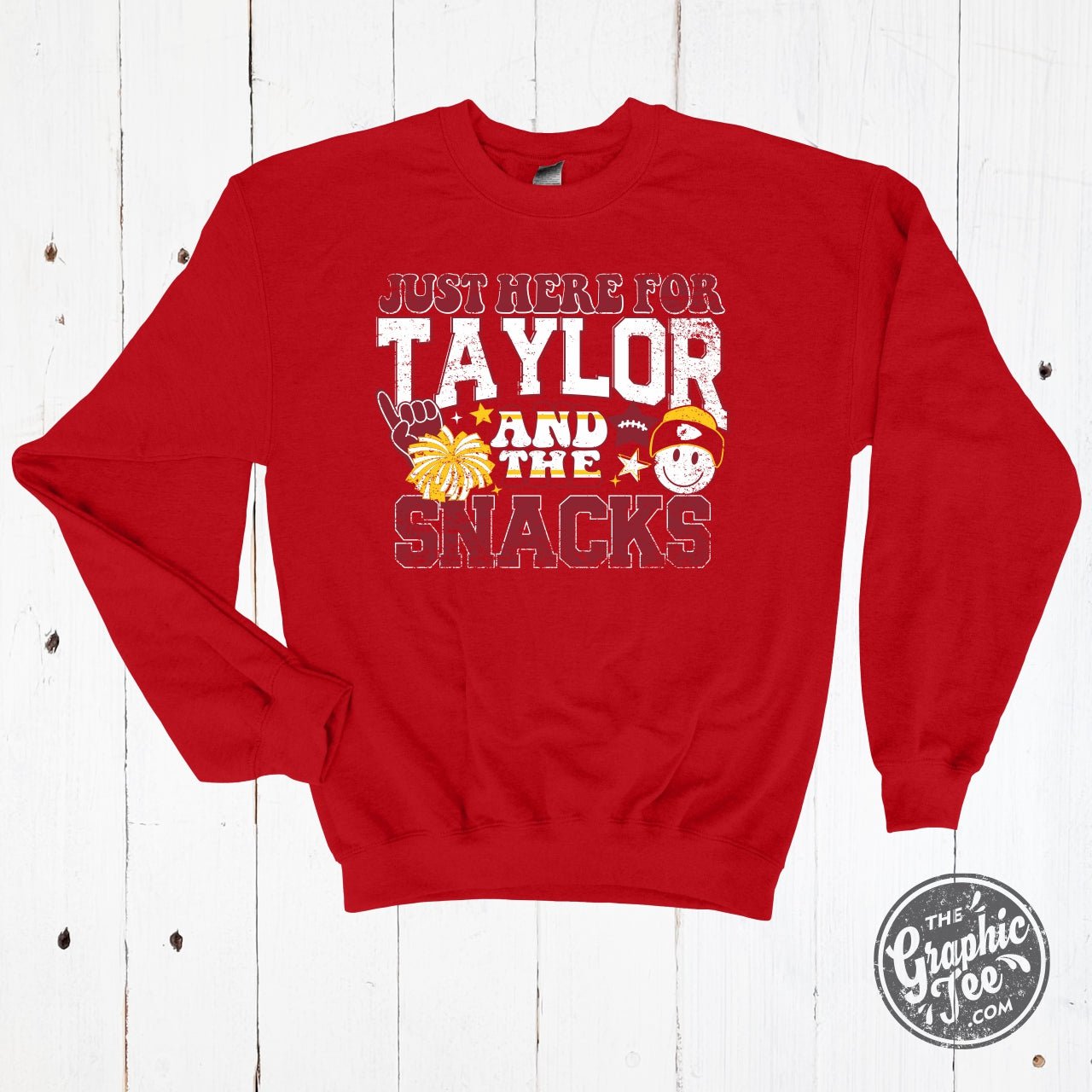 YOUTH Just here for Taylor and the Snacks Heather Sport Scarlet Crewneck Sweatshirt - The Graphic Tee