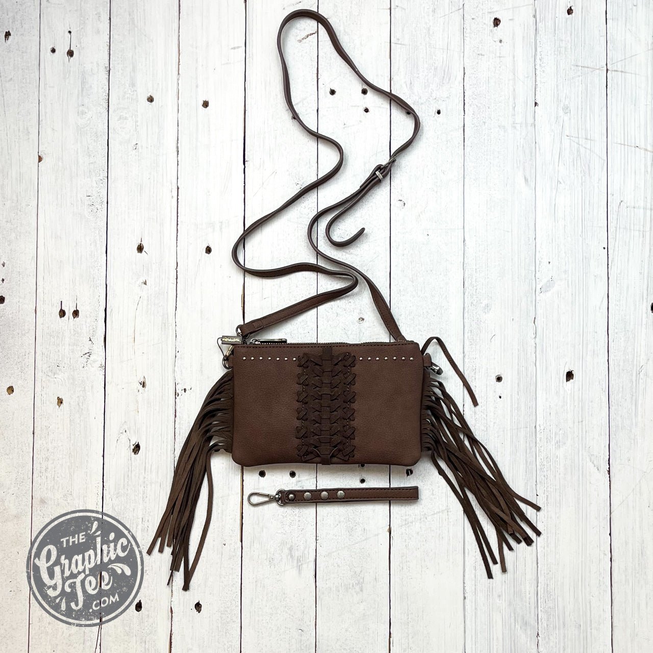Bailey Small Brown Fringe Crossbody with Woven Detail - The Graphic Tee