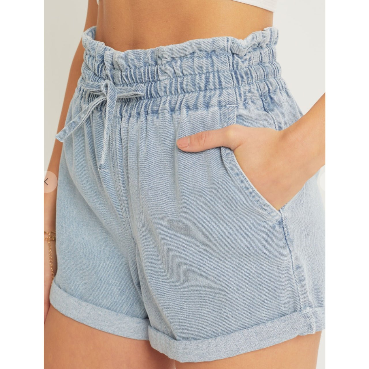 Carlie Denim Drawstring Rolled Hem Shorts With Paper Bag Waist - The Graphic Tee