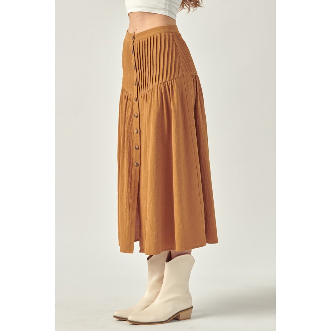 Carmella Carmel Button Down Long Lined Pleated Skirt - The Graphic Tee