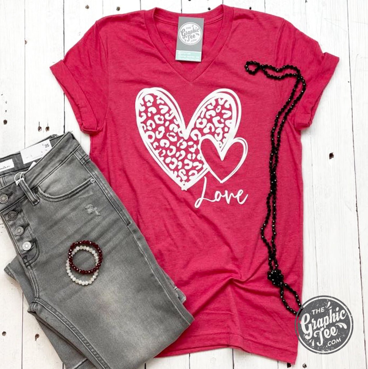 Cheetah Heart Love V Neck Short Sleeve Heather Red Tee - The Graphic Tee