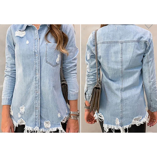 Chloe Light Denim Distressed Shirt - The Graphic Tee