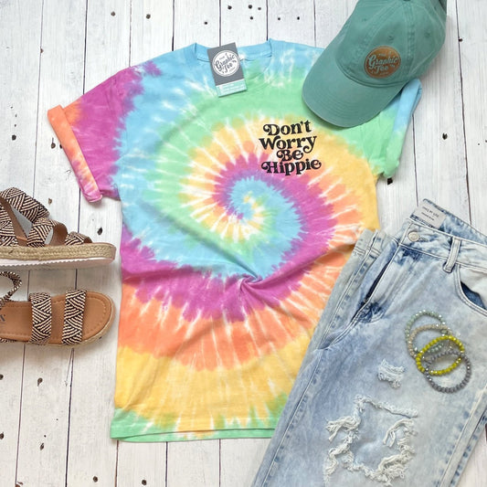 Don't Worry Be Hippie Crew Neck Tie Dye Short Sleeve Graphic Tee - The Graphic Tee