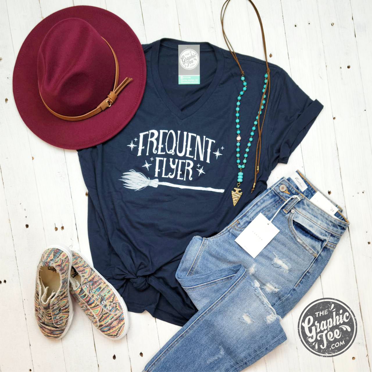 Frequent Flyer Navy V Neck Tee - The Graphic Tee