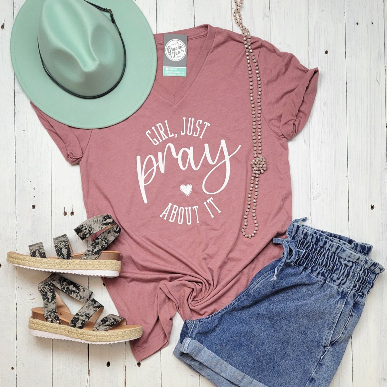 Girl Just Pray About It Heather Mauve Unisex V Neck Tee - The Graphic Tee