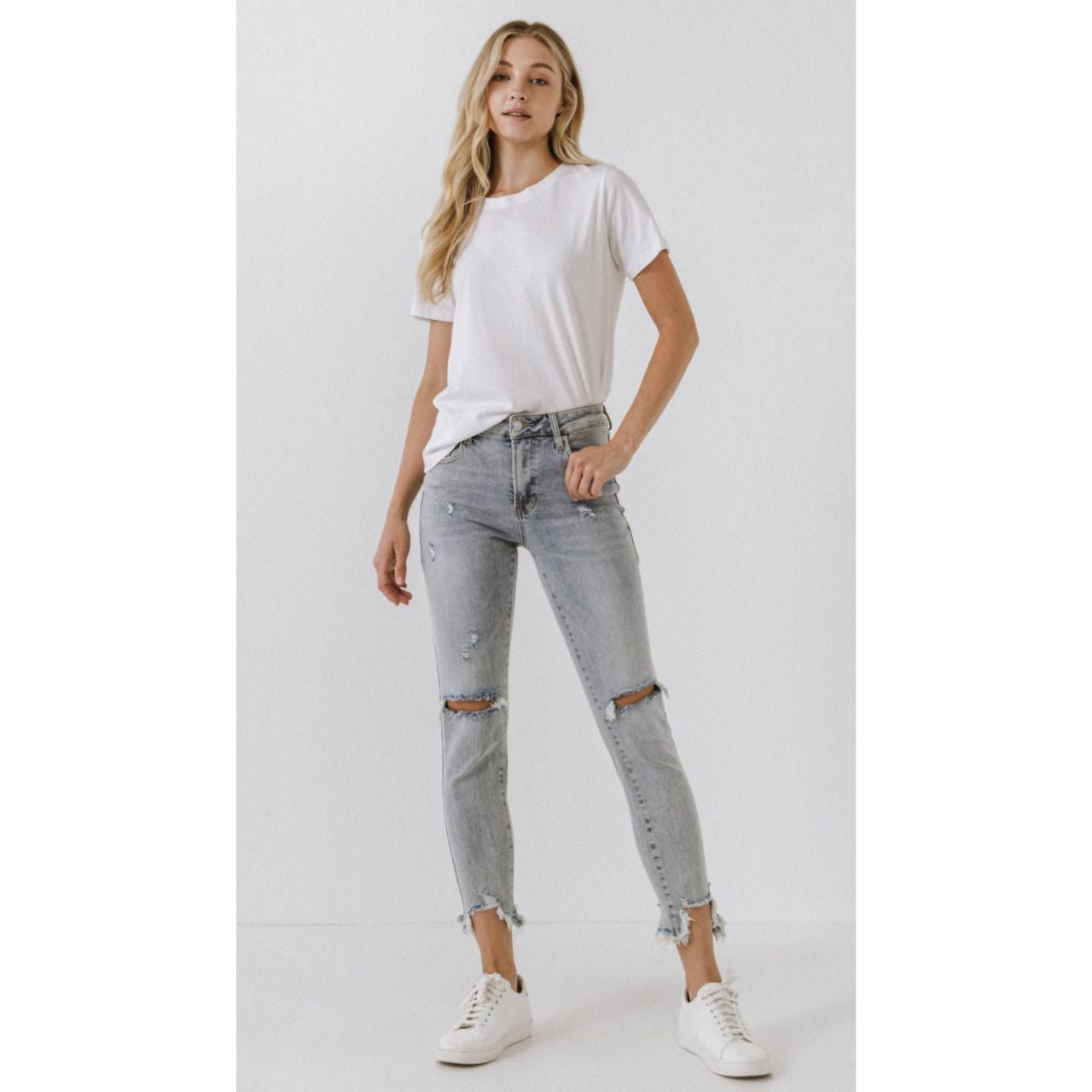 Grey Lab Mid Rise Distressed Ankle Skinny Jeans - The Graphic Tee