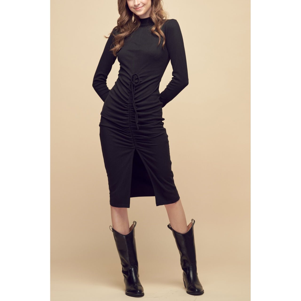 Hey Babe Mock Neck Long Sleeve Ruched Front Dress - The Graphic Tee