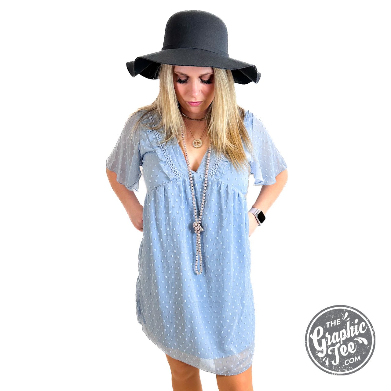 June Blue Dotted V Neck Dress - The Graphic Tee