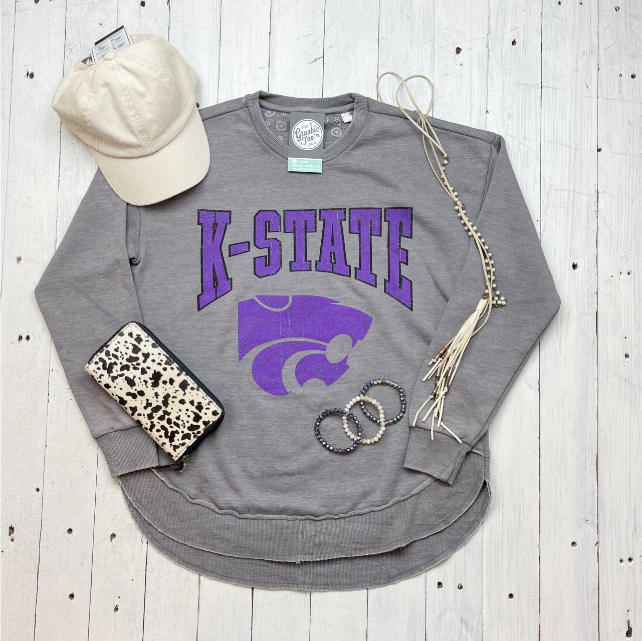 Kansas State Powercat Long Sleeve Rounded Bottom Vintage Fleece Sweatshirt - The Graphic Tee