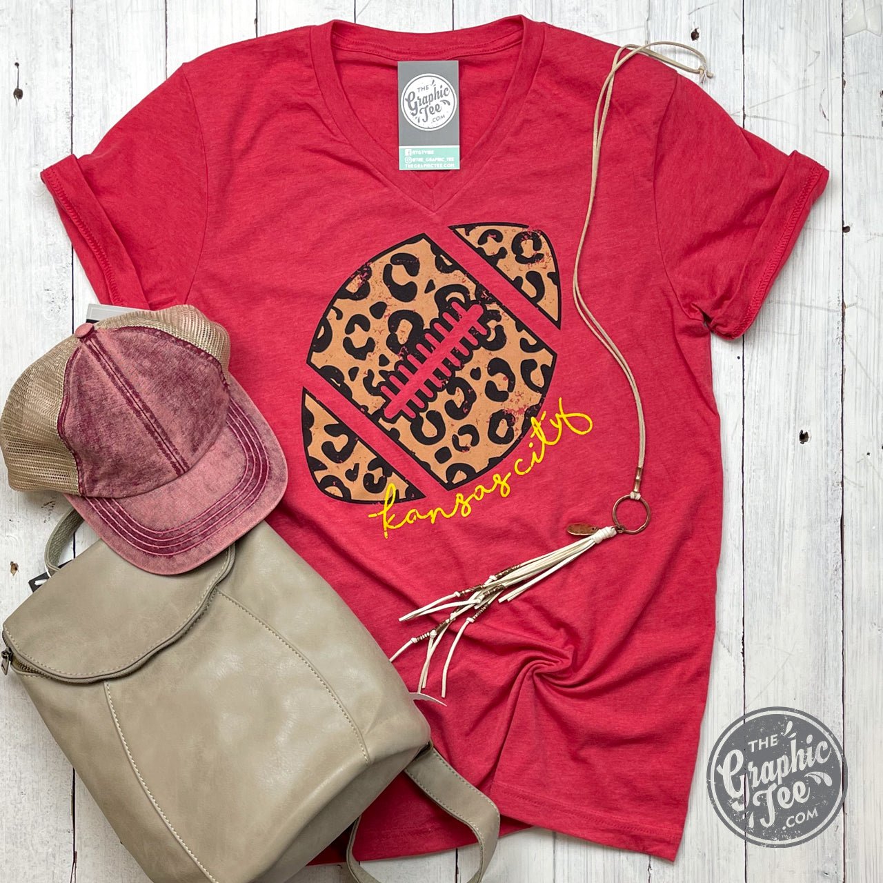 KC Leopard Football V-Neck Tee - The Graphic Tee