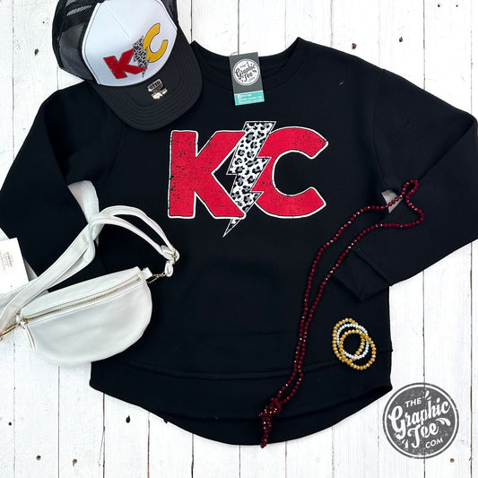 KC Lightning Bolt Black Curved Hem Women's Fleece Sweatshirt - The Graphic Tee