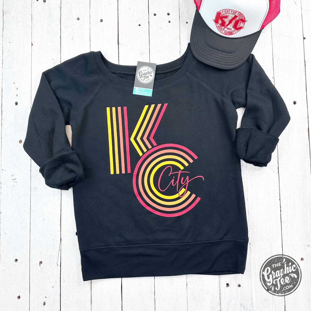 KC Ombre Black Ladies Wide Neck Sweatshirt - The Graphic Tee