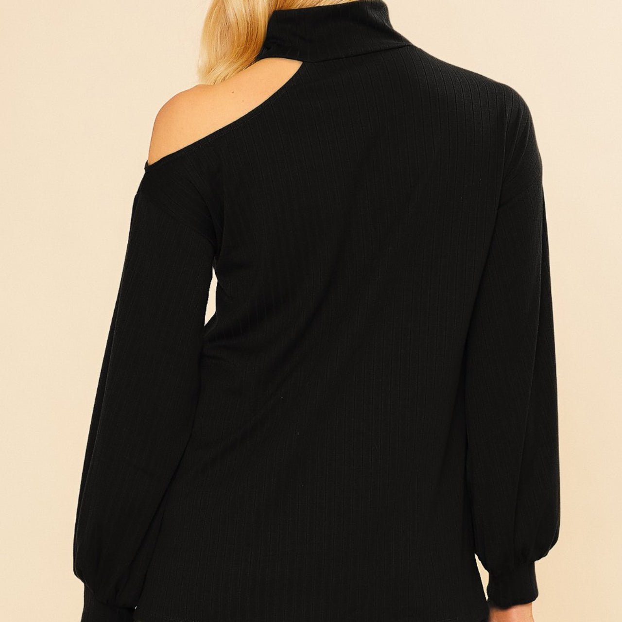 Keely Mock Neck Wide Ribbed With One Open Shoulder Black Top - The Graphic Tee