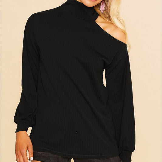 Keely Mock Neck Wide Ribbed With One Open Shoulder Black Top - The Graphic Tee
