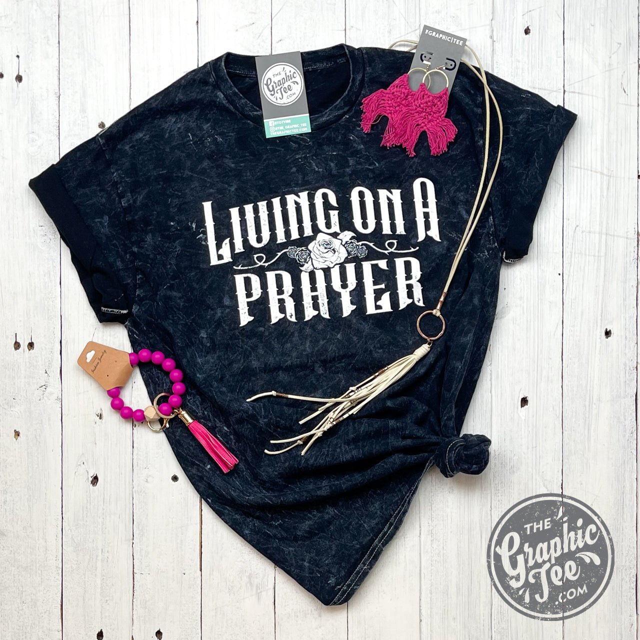 Living On A Prayer Black Mineral Wash Crew Neck Short Sleeve Tee - The Graphic Tee