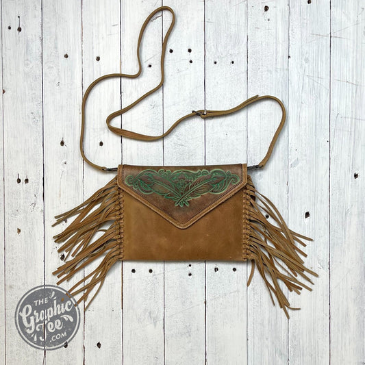 Maren Feather Embossed Leather Fringe Purse - The Graphic Tee