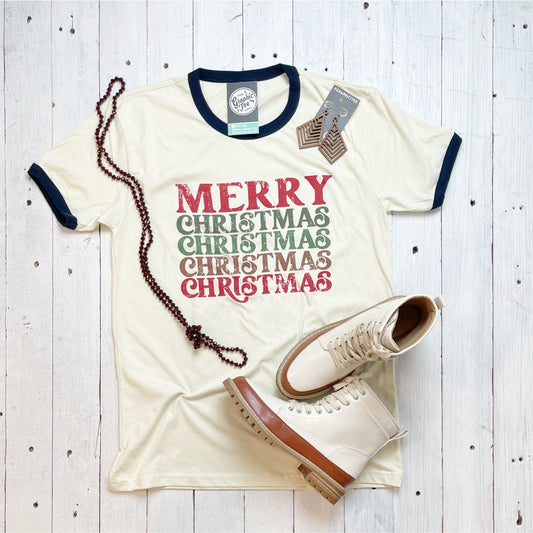 Merry Christmas Vintage Ringer Unisex Tee - The Graphic Tee