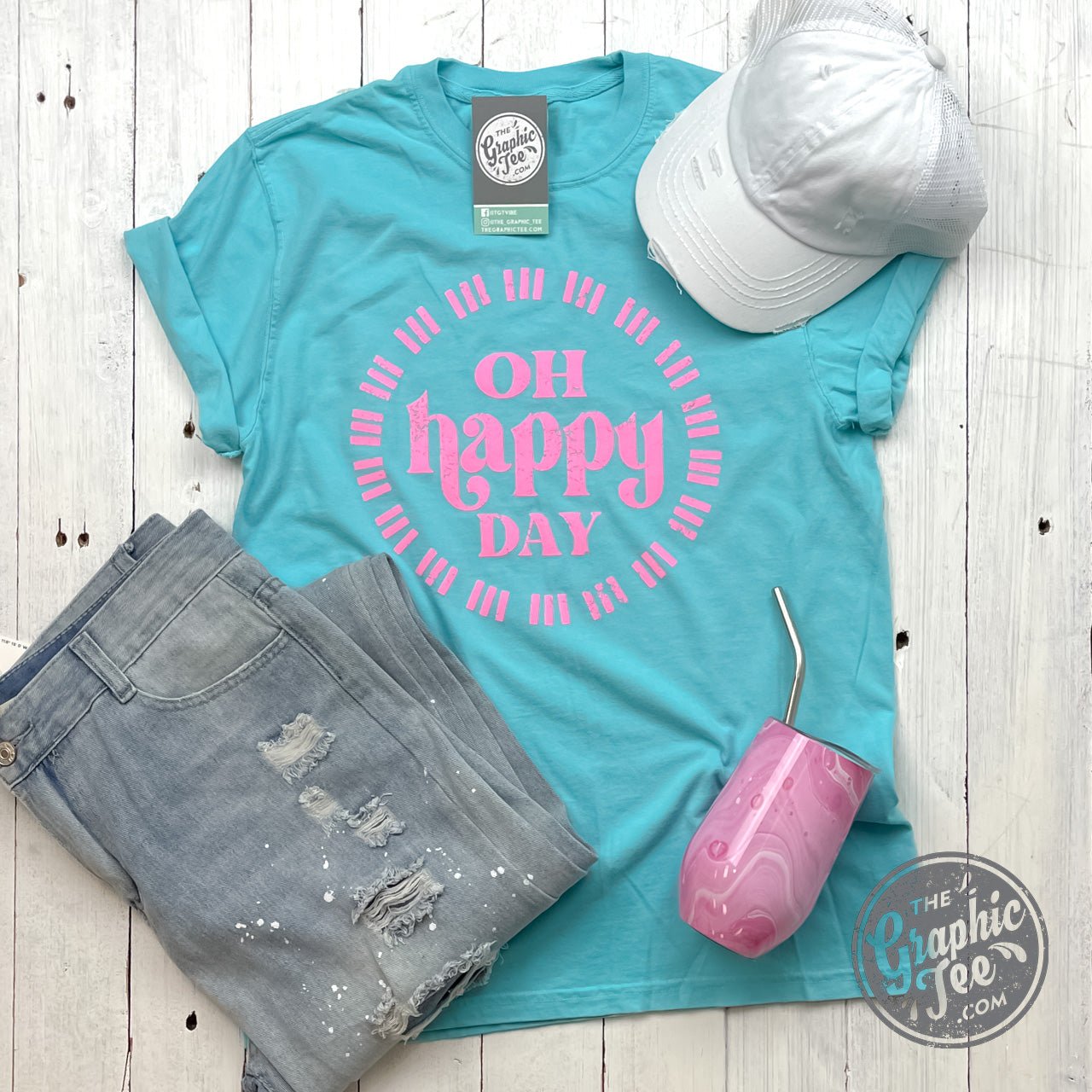 Oh Happy Day Garment Dyed Lagoon Blue Short Sleeve Crew Neck Tee - The Graphic Tee