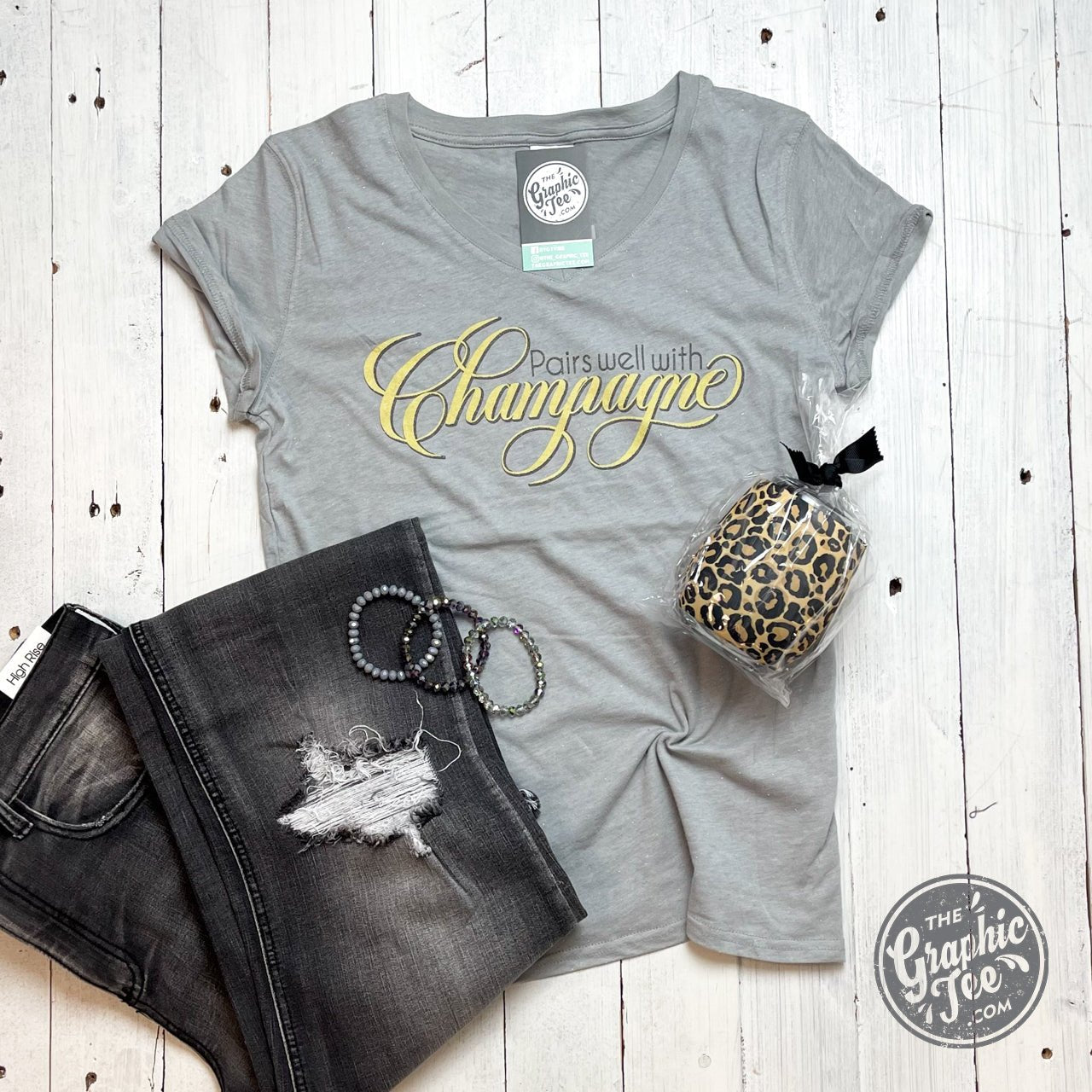 Pairs Well with Champagne - Ladies Glitter V-Neck Tee - The Graphic Tee