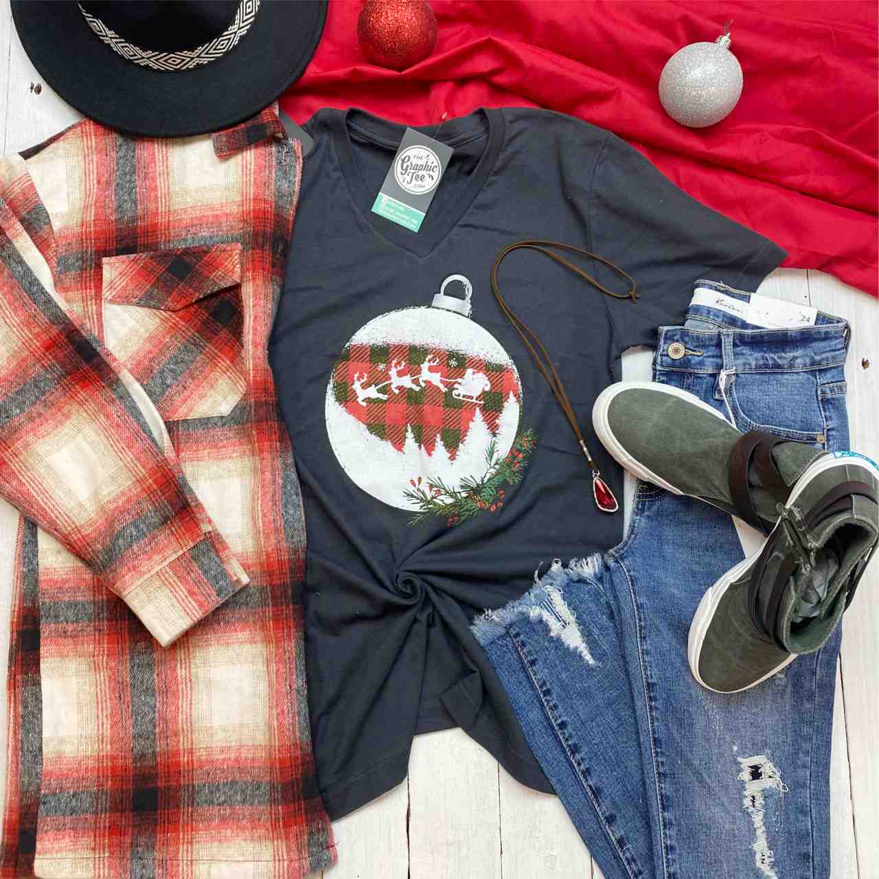 Plaid Ornament Charcoal V Neck Tee - The Graphic Tee