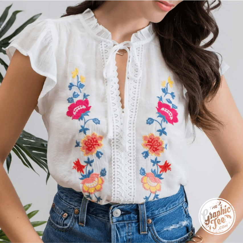 Pretty Little Miss Neck Tie Embroidered Top - The Graphic Tee