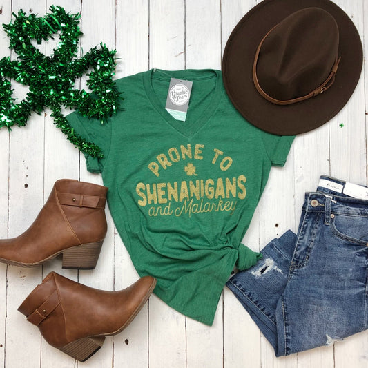 Prone To Shenanigans And Malarkey Heather Green V Neck Graphic Tee - The Graphic Tee
