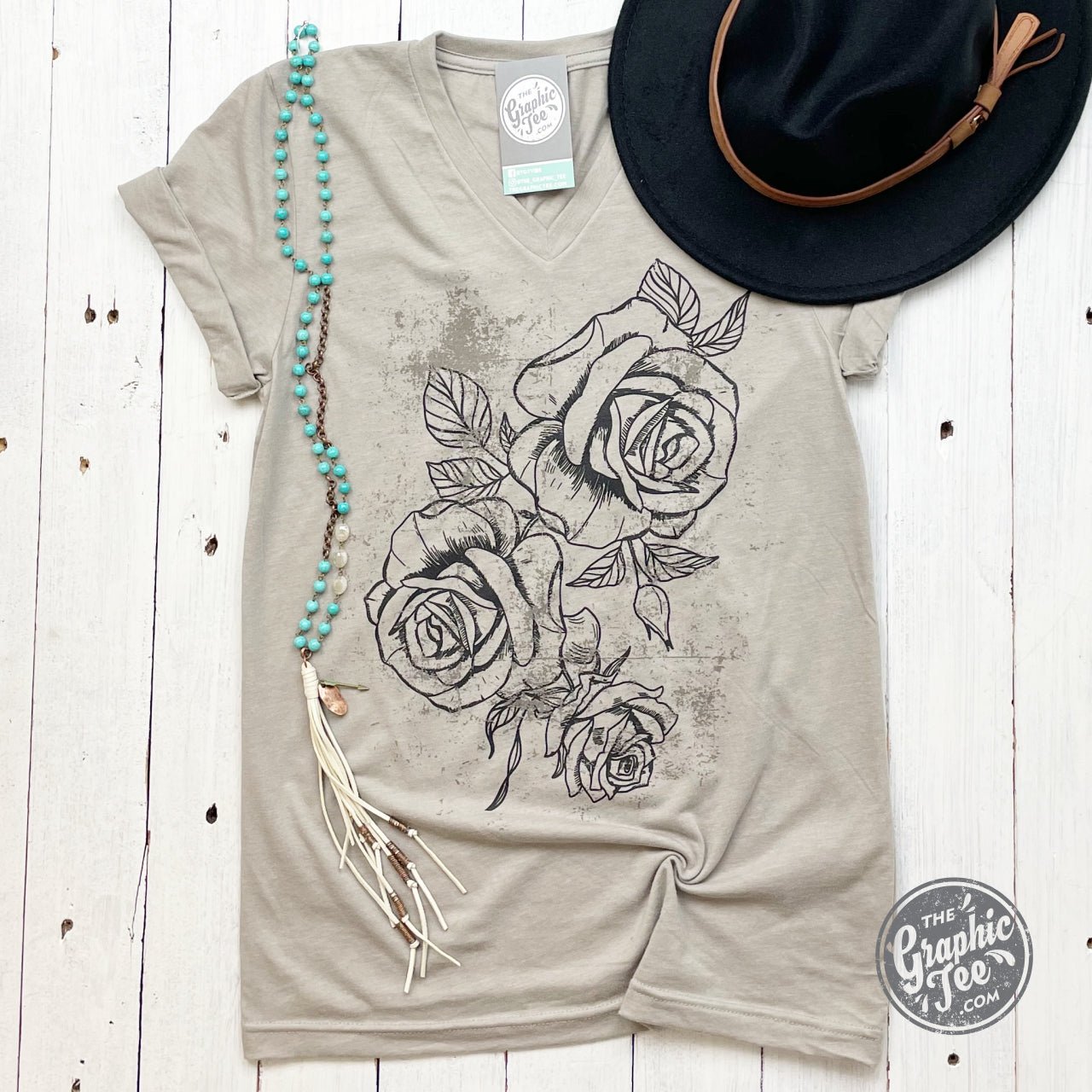Roses Heather Stone V Neck Short Sleeve Tee - The Graphic Tee