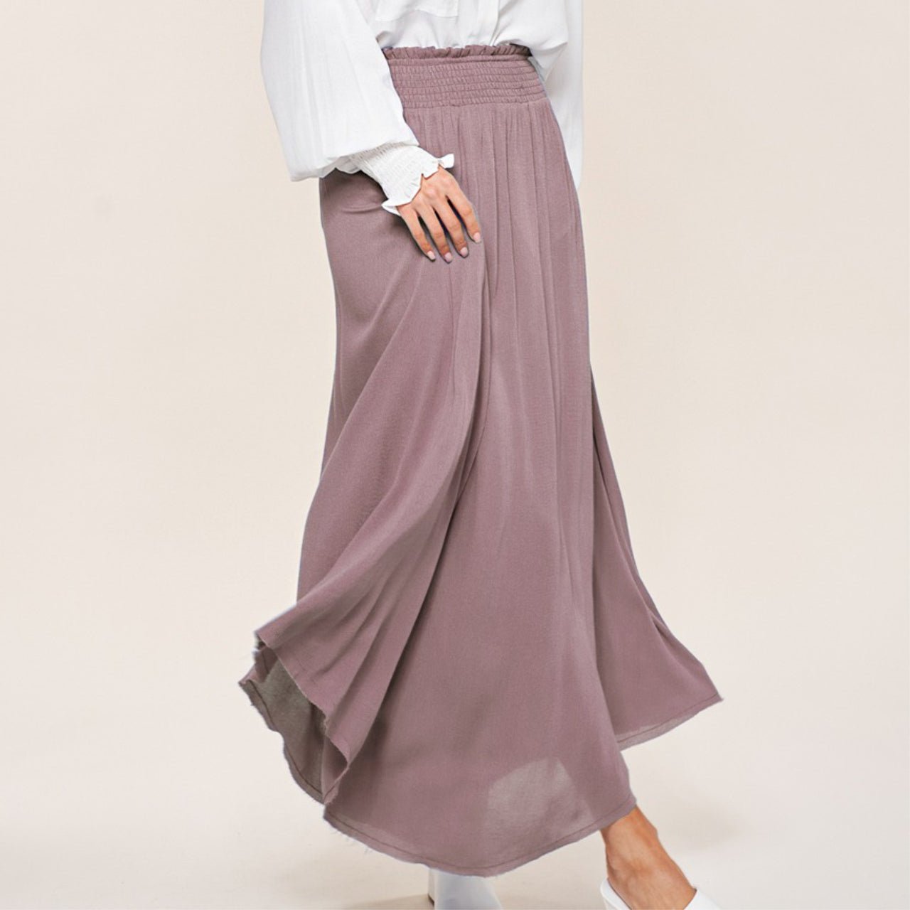 Sari Maxi Skirt With High Rise Smoked Waistband With Raw Edge Hem - The Graphic Tee