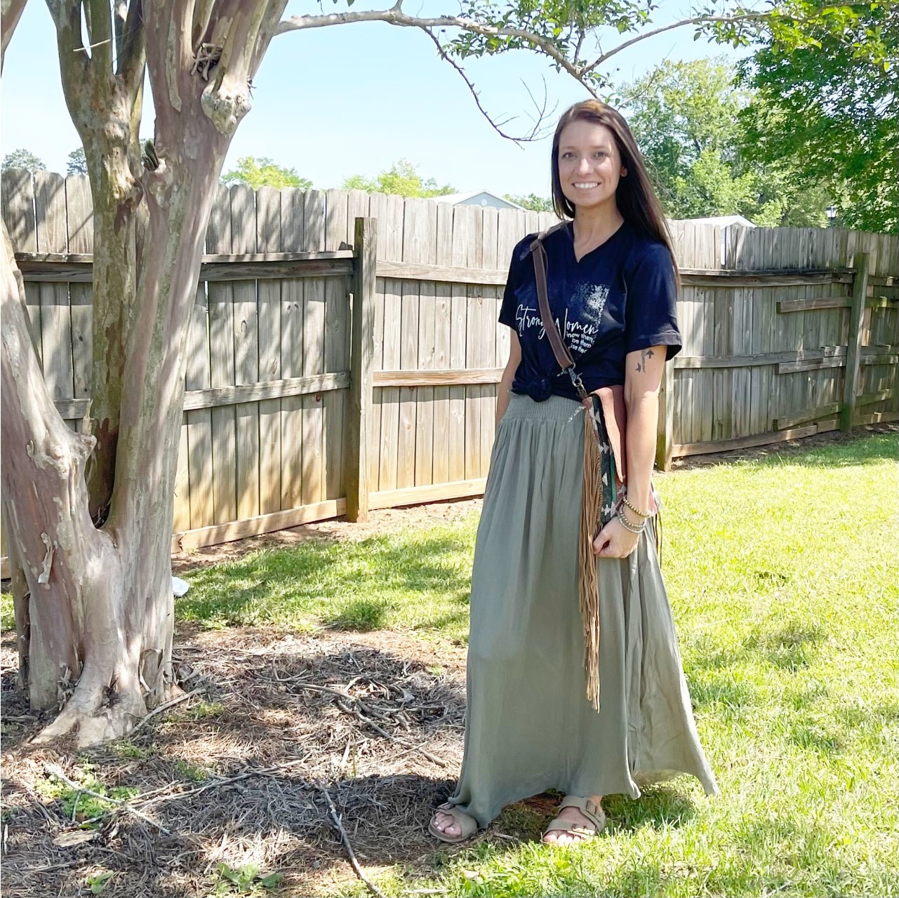 High waisted olive top green maxi skirt