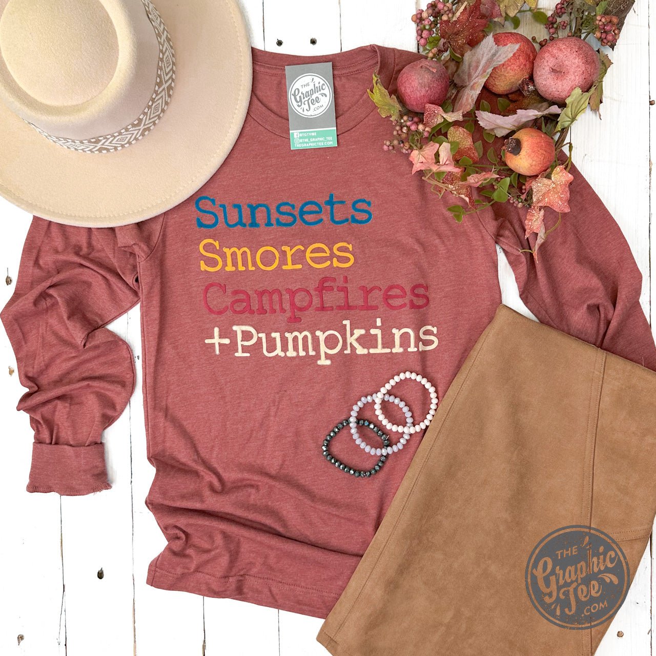 Sunsets, Smores, Campfires + Pumpkins Long Sleeve Tee - The Graphic Tee