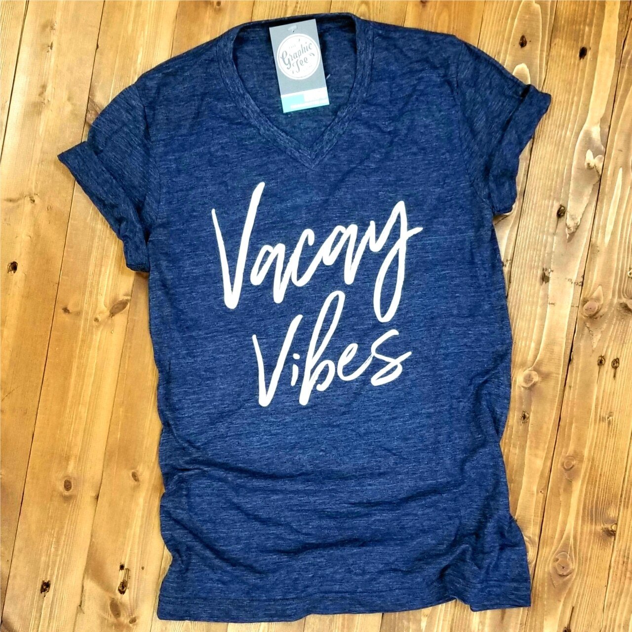 Vacay Vibes - Navy Slub V-Neck Tee - The Graphic Tee