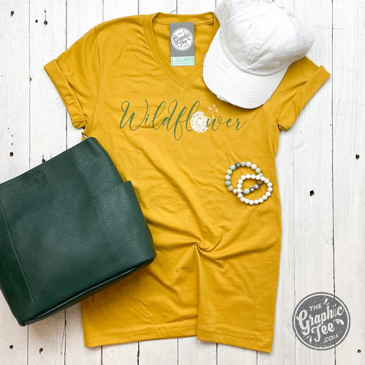 Wildflower Dandelion Mustard V Neck Short Sleeve Tee - The Graphic Tee